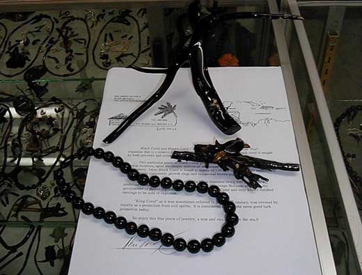 Jewellery made of black coral at the 'Little Old Craft Store' 