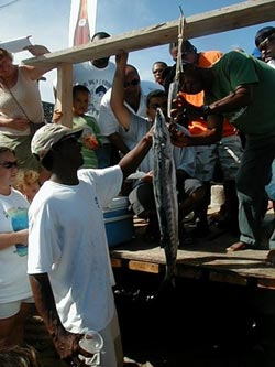 Weighing of the catch of the day to determine the winners of this year's fishing tournament at the pier at Point Placencia.